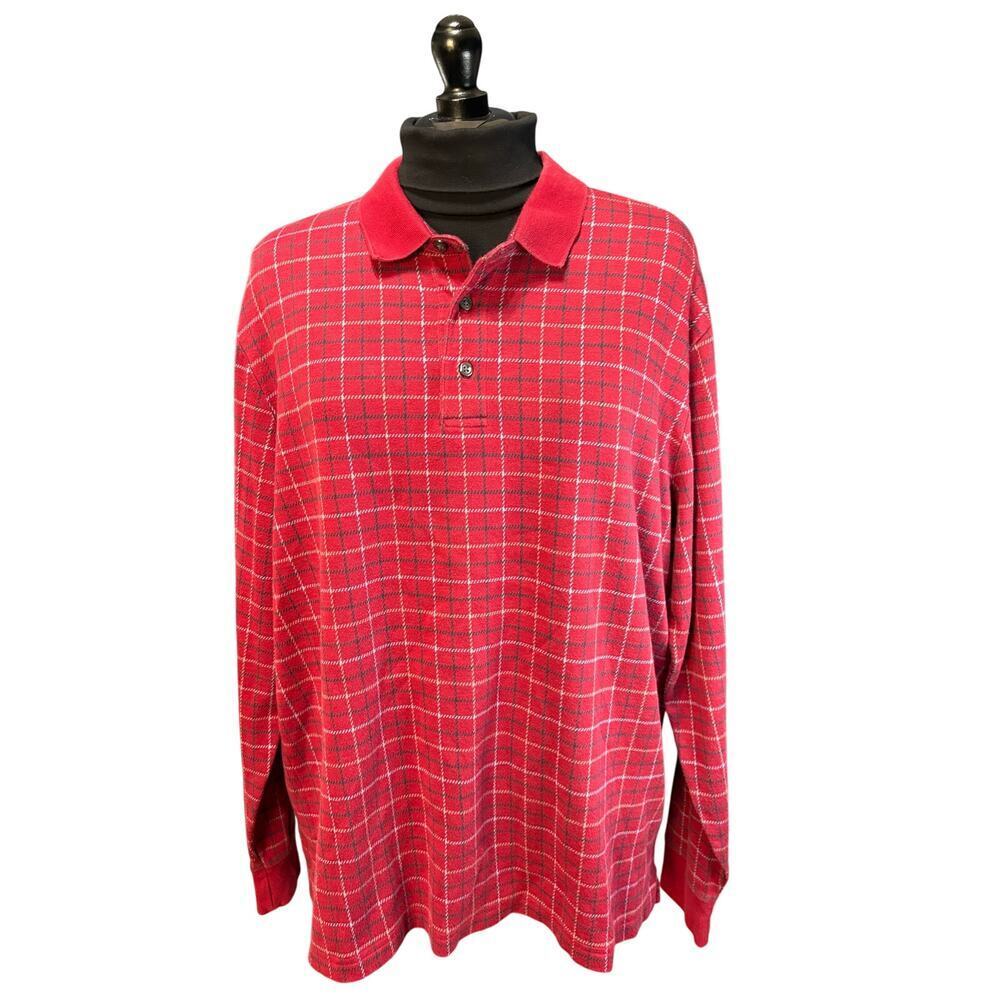 Lands' End Traditional Fit Men's XL Red / White Plaid Long Sleeve Polo Shirt